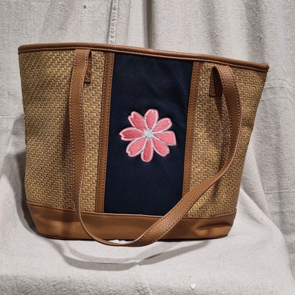 Thirty-One Woven Shoulder Tote Bag Purse Navy & Brown Embroidered Floral Canvas
